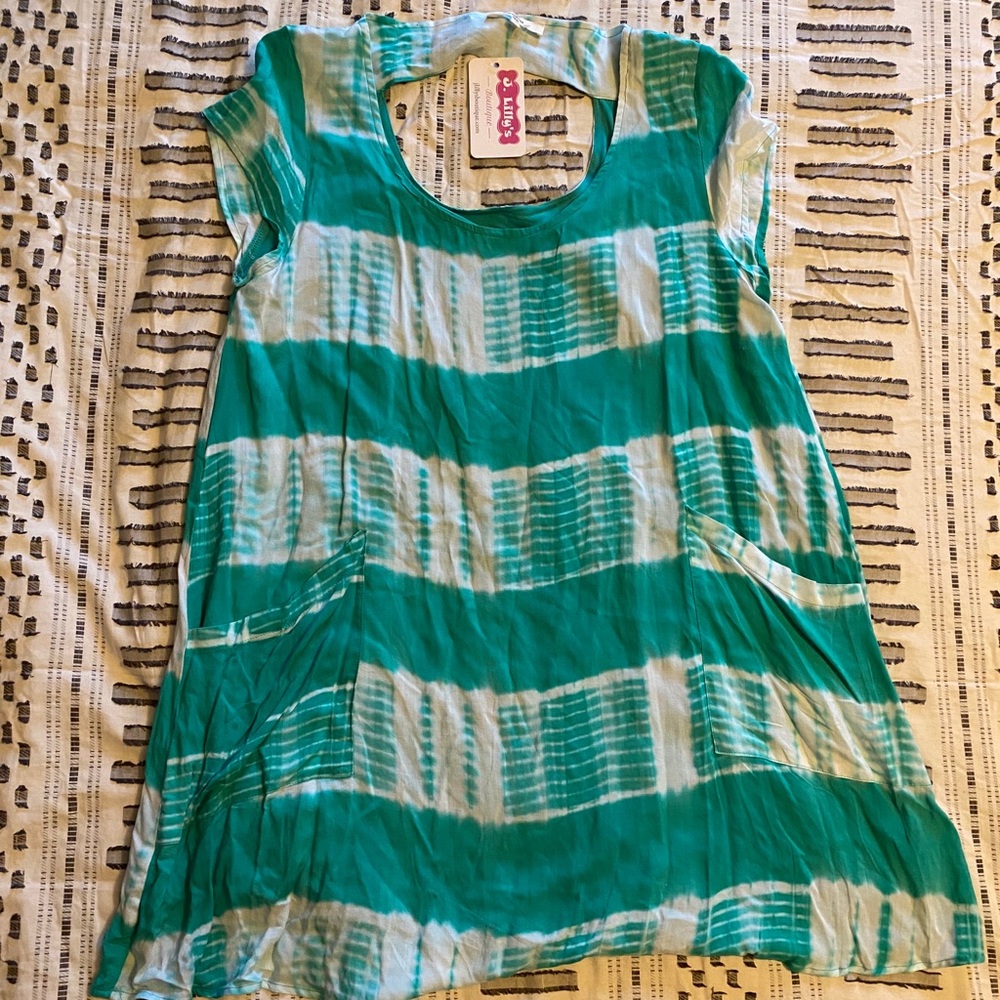 ENTRO Green & White Tie Dye Dress w/ Pockets